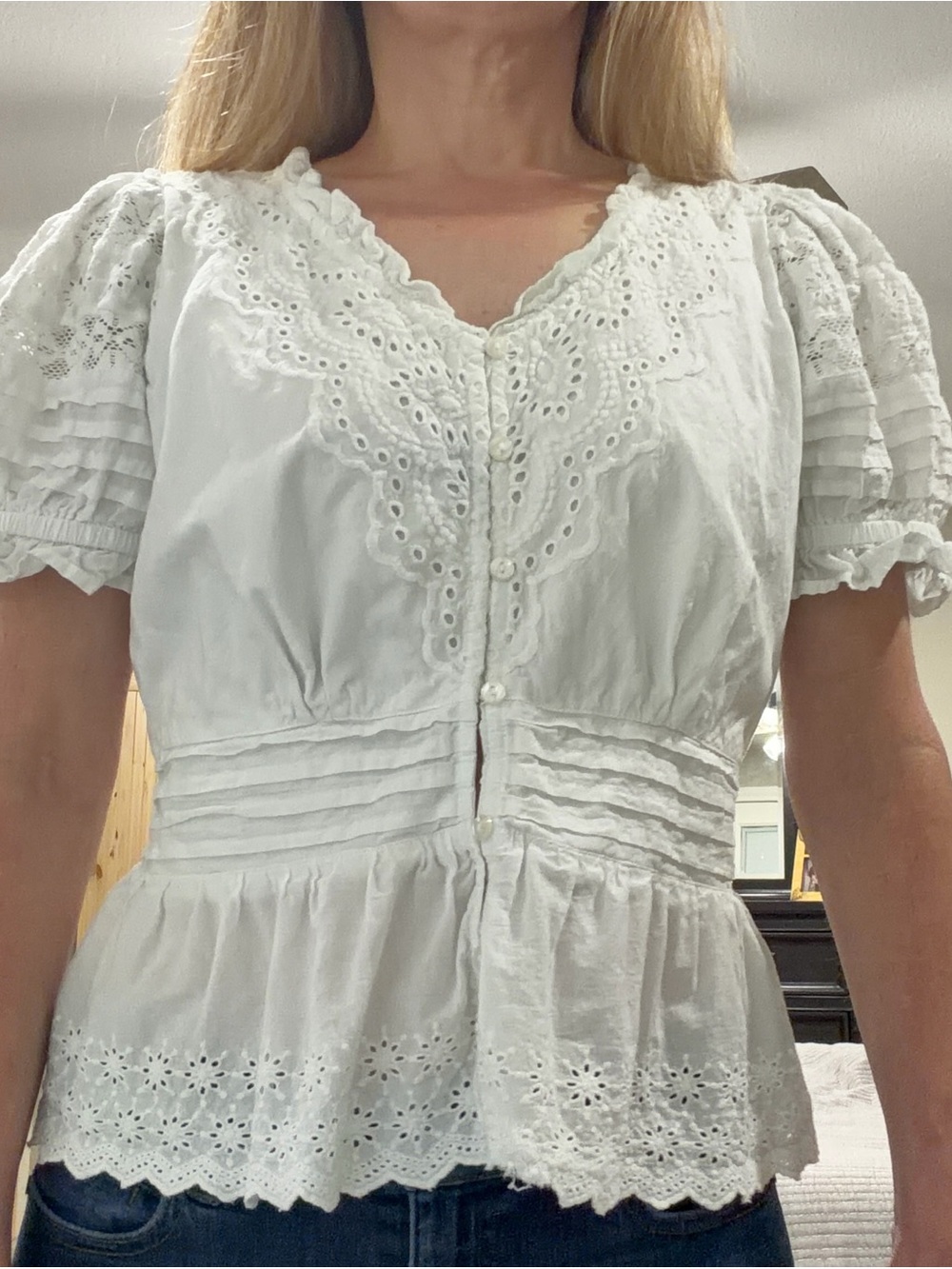 Women’s White Eyelet Peplum Blouse with Puff Sleeves